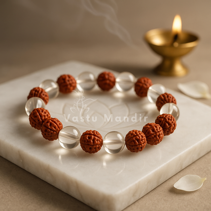 Bracelet with brown beads and clear stones on a marble surface with a lit candle in the background.