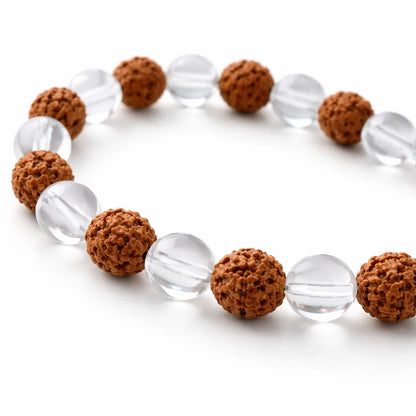 Rudraksha Clear Quartz Crystal Bracelet on a white background