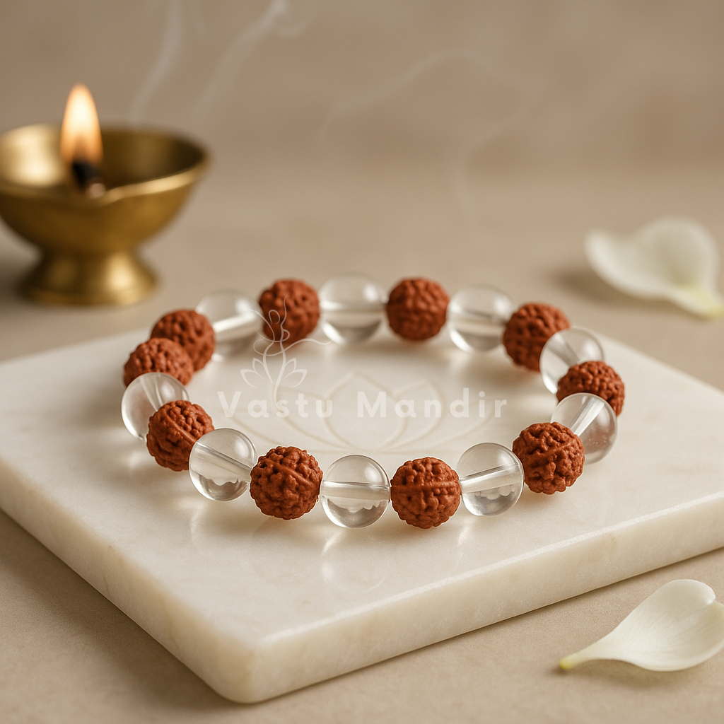 Rudraksha Clear Quartz Crystal Bracelet on a marble surface with 'Vastu Mandir' branding.
