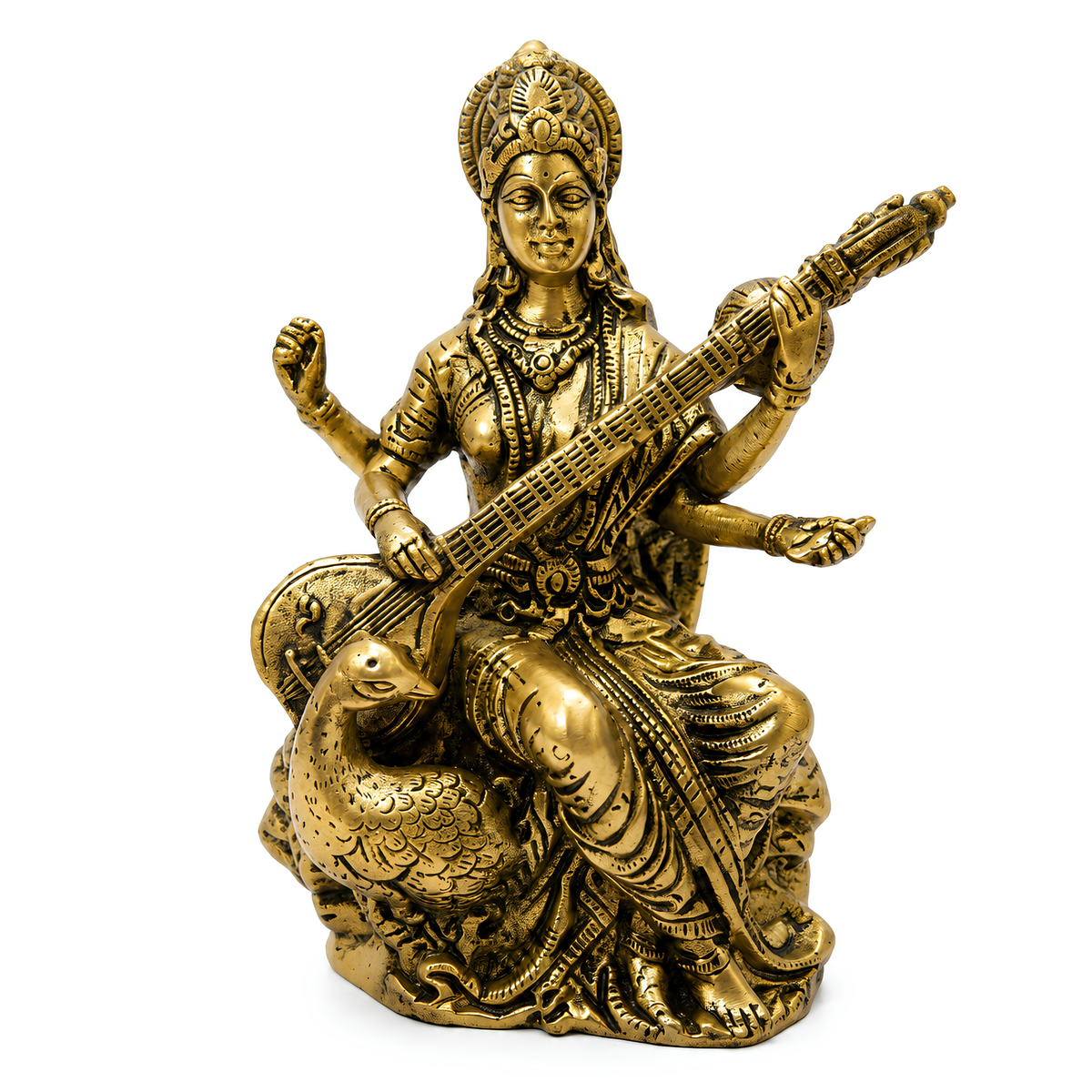 Saraswati Ji brass idol front view isolated on white background