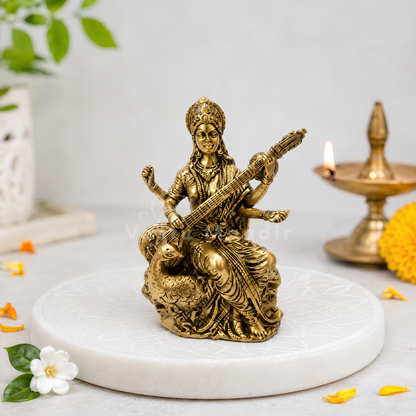 Saraswati Ji brass idol feature infographic highlighting veena, crown and seated posture