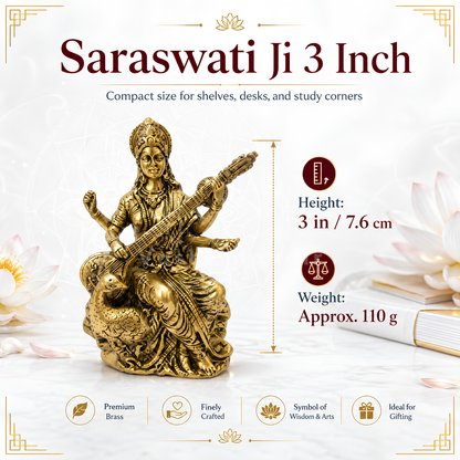 Saraswati Ji brass idol close-up of the face, crown and veena details