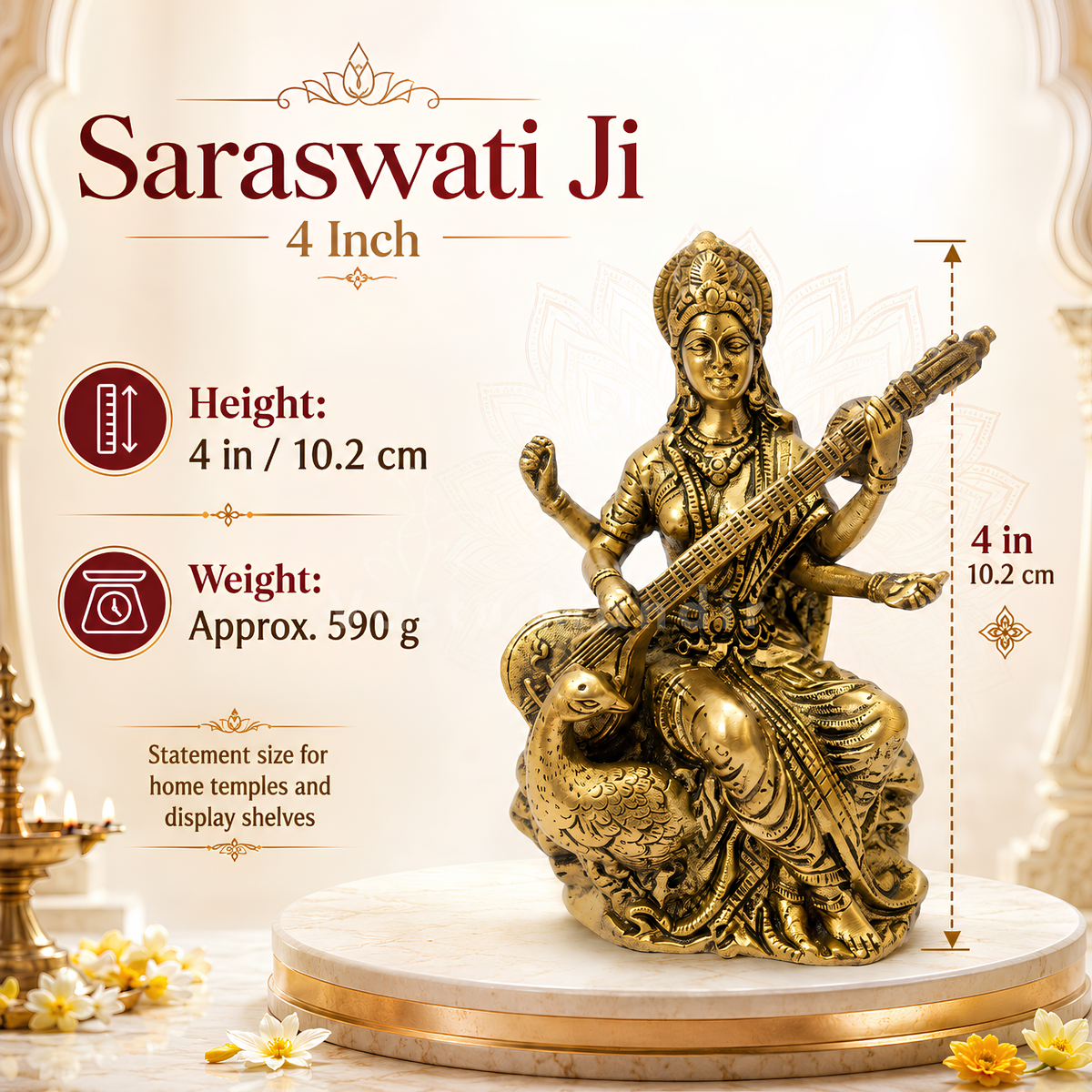 Saraswati Ji brass idol dimension and weight infographic for the smaller idol