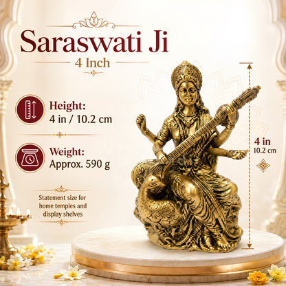 Saraswati Ji brass idol dimension and weight infographic for the smaller idol