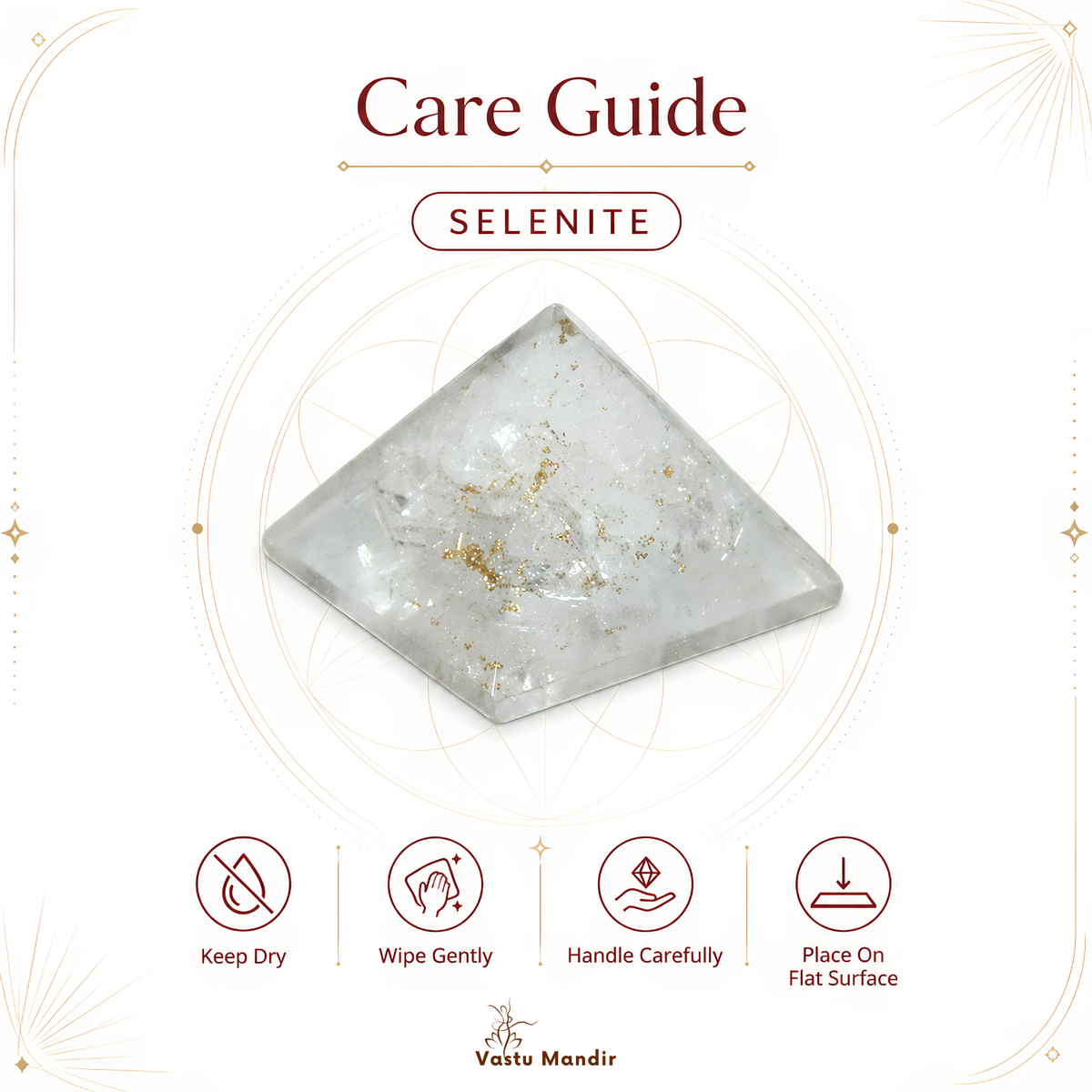 Natural Selenite Pyramid, selenite crystal – detail view of the base and layered construction