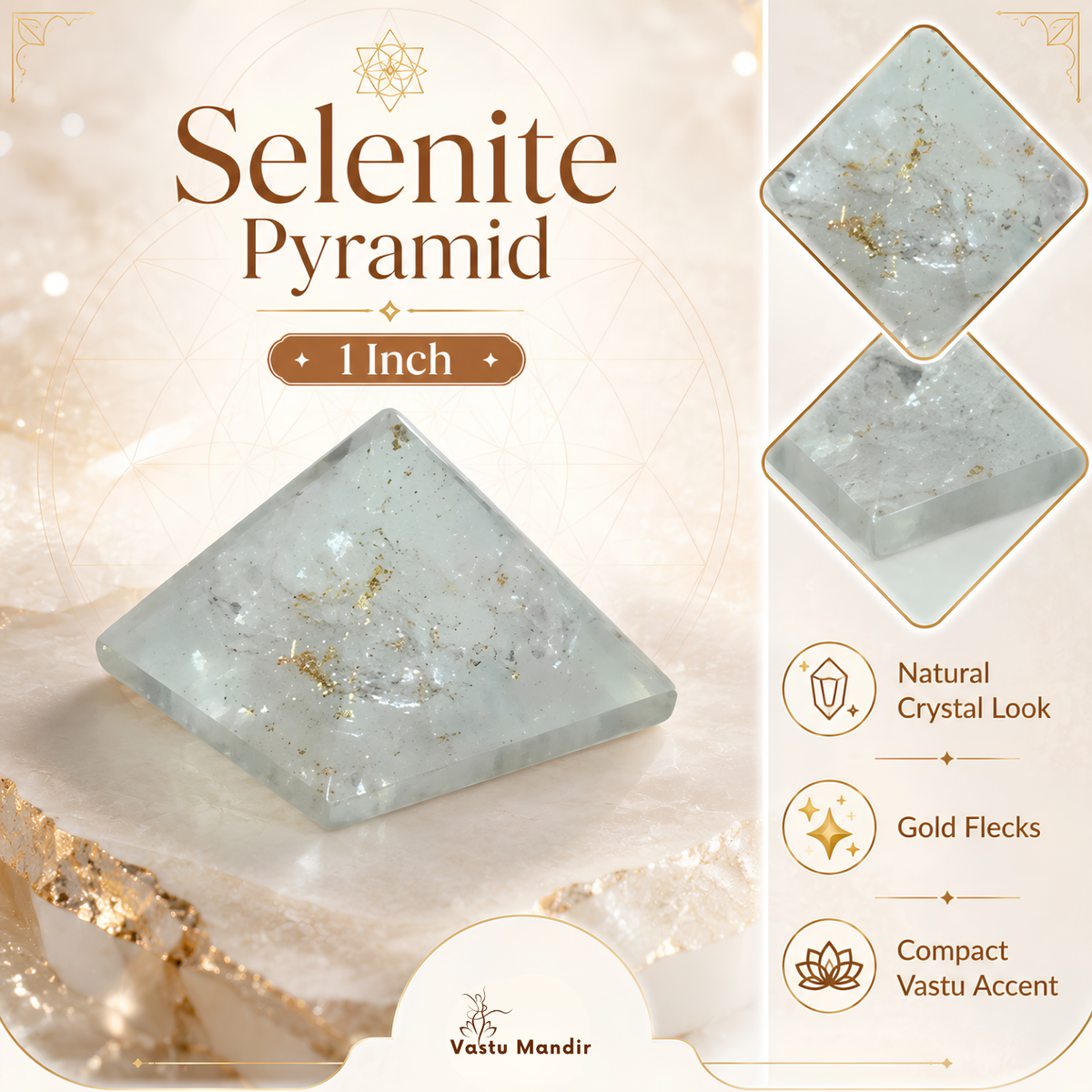 Natural Selenite Pyramid, selenite crystal – close-up showing the surface finish and edges