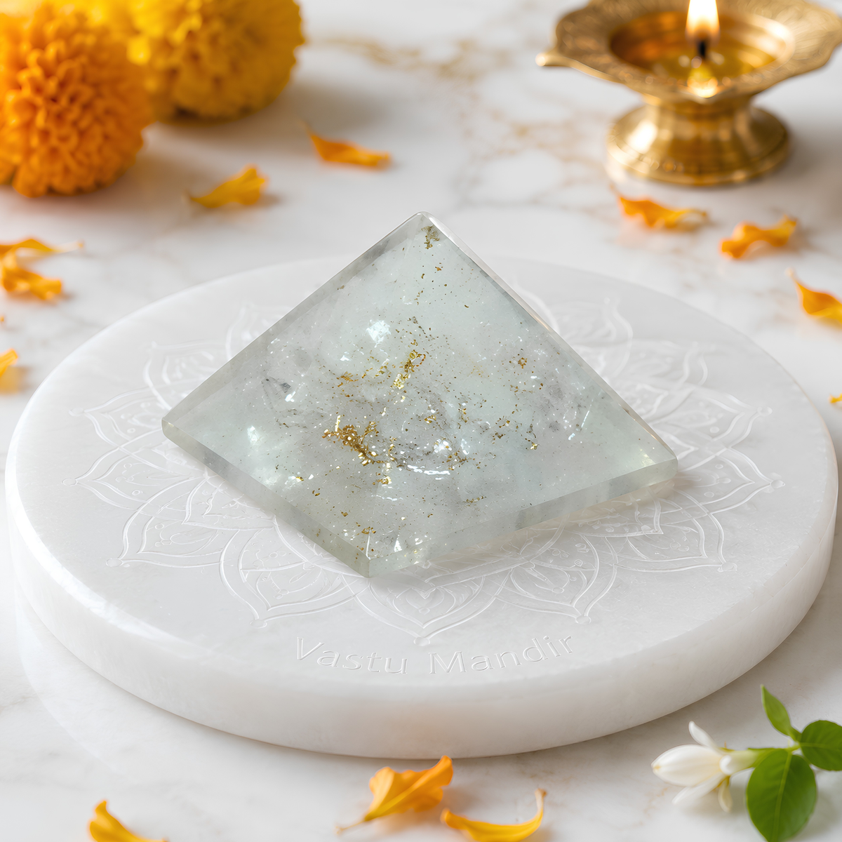 Natural Selenite Pyramid, selenite crystal – front-left angled view showing two pyramid faces