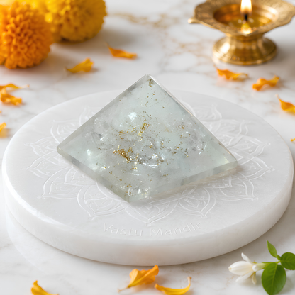 Natural Selenite Pyramid, selenite crystal – front-left angled view showing two pyramid faces