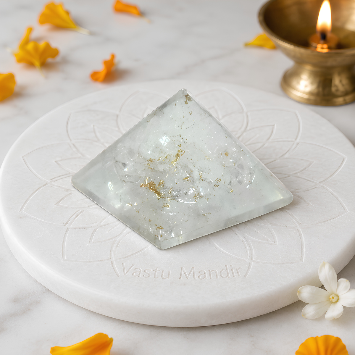 Natural Selenite Pyramid, selenite crystal – front-right angled view showing the opposite side