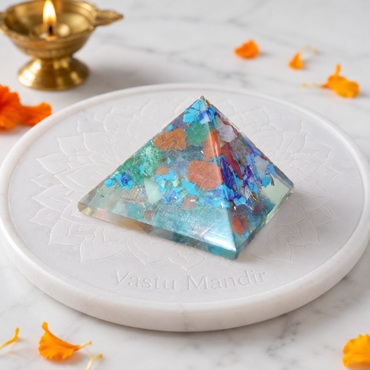 Seven Chakra Orgone Pyramid Layered Grid, orgonite – front-left angled view showing two pyramid faces
