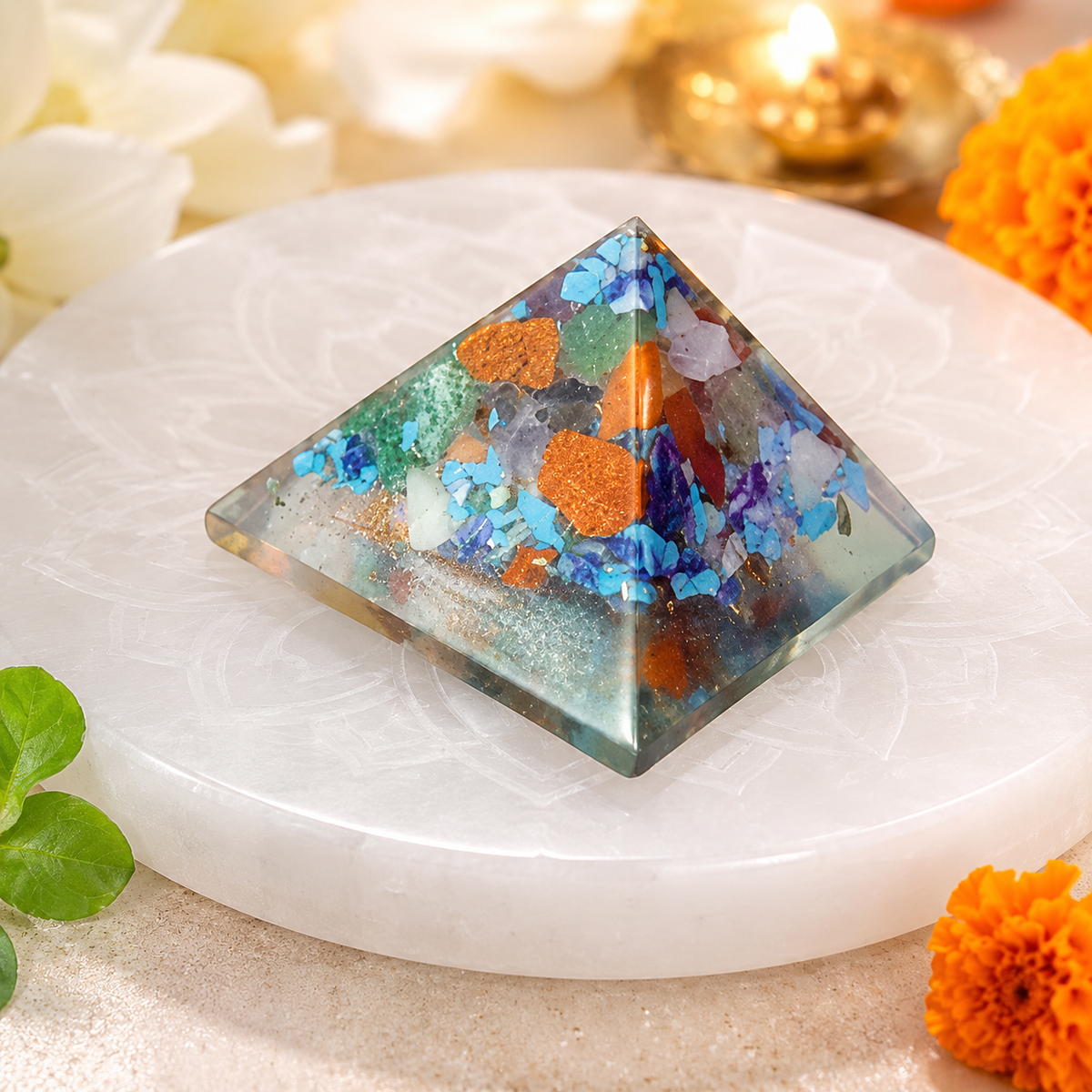 Seven Chakra Orgone Pyramid Layered Grid, orgonite – styled product display with the pyramid as the focus