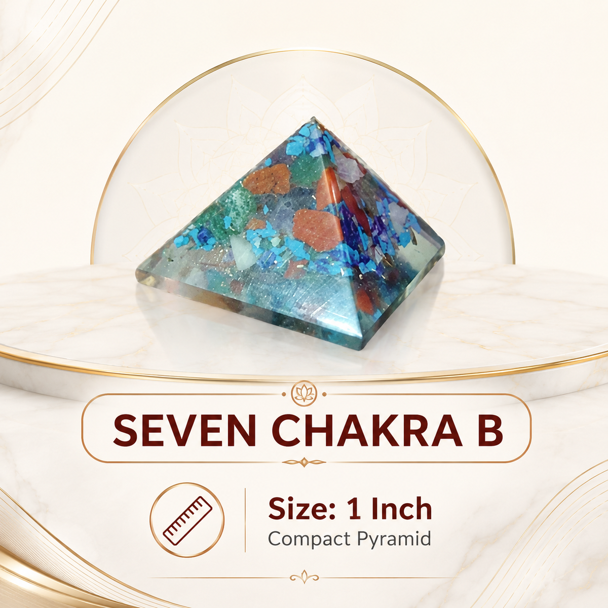 Seven Chakra Orgone Pyramid Layered Grid, orgonite – front-right angled view showing the opposite side