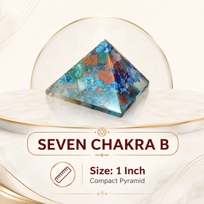 Seven Chakra Orgone Pyramid Layered Grid, orgonite – front-right angled view showing the opposite side