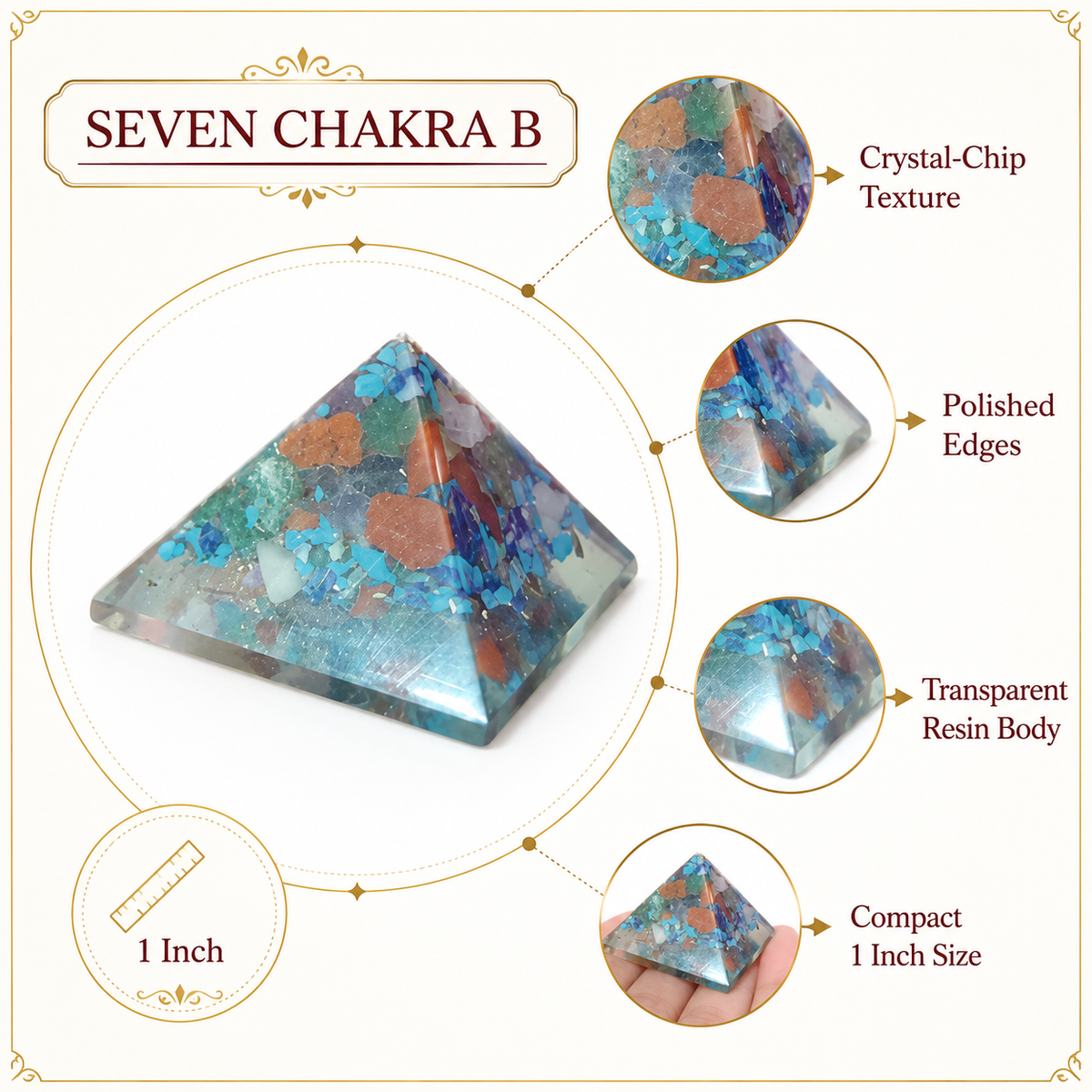 Seven Chakra Orgone Pyramid Layered Grid, orgonite – top-down view showing the apex and square base