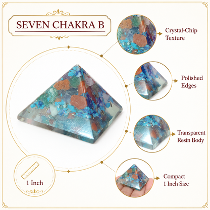 Seven Chakra Orgone Pyramid Layered Grid, orgonite – top-down view showing the apex and square base