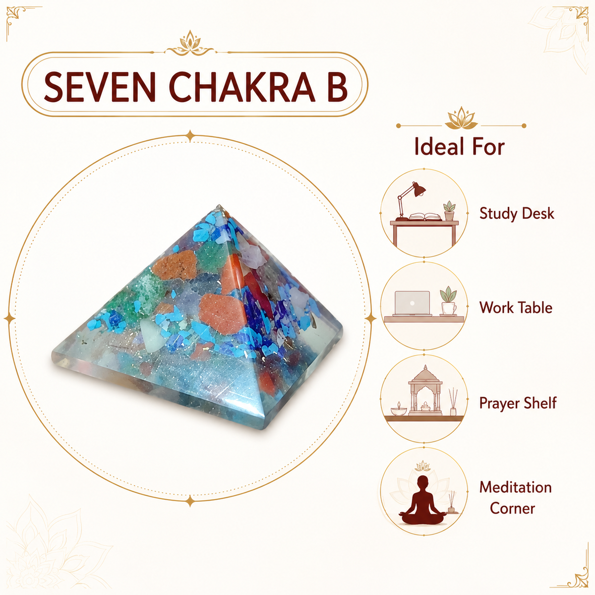 Seven Chakra Orgone Pyramid Layered Grid, orgonite – close product view highlighting material texture