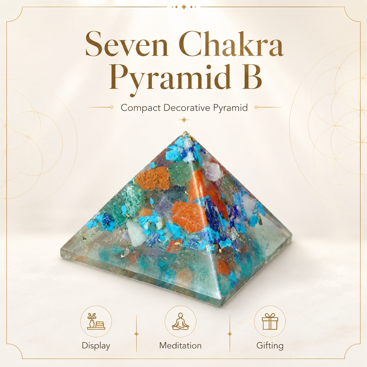 Seven Chakra Orgone Pyramid Layered Grid, orgonite – alternate product view with the full pyramid visible