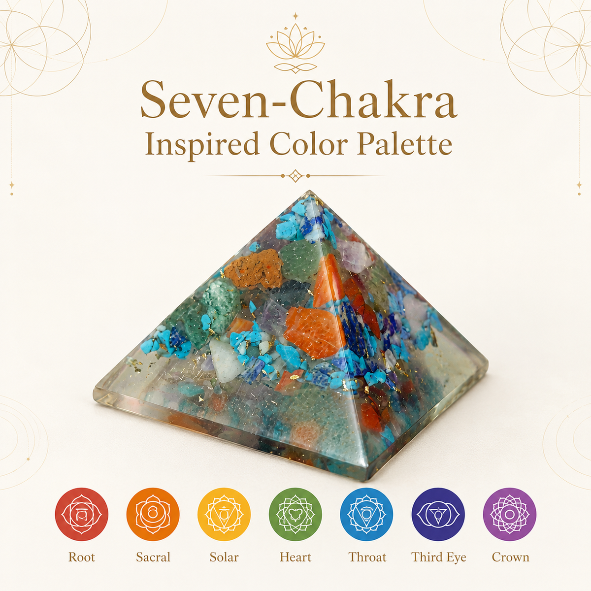 Seven Chakra Orgone Pyramid Layered Grid, orgonite – detail view of the base and layered construction