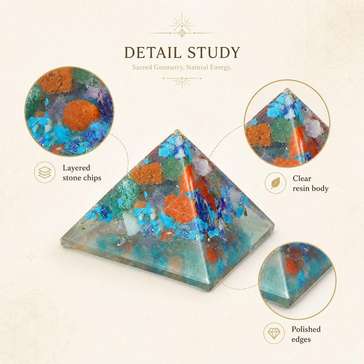Seven Chakra Orgone Pyramid Layered Grid, orgonite – close-up showing the surface finish and edges