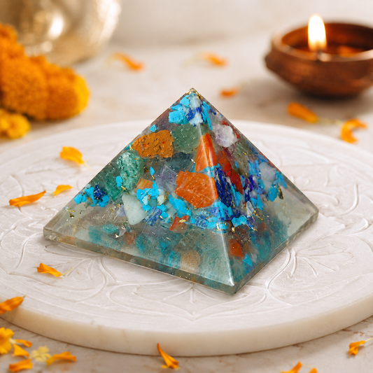 Seven Chakra Orgone Pyramid Layered Grid, orgonite – main product view showing the complete pyramid