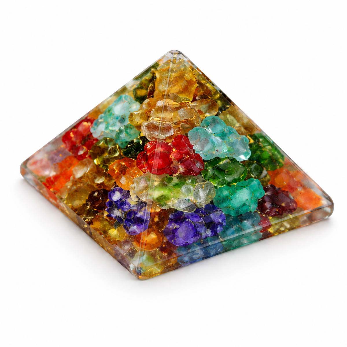 Seven Chakra Orgone Pyramid Multi-Stone Matrix, orgonite – side profile showing the pyramid height and slope