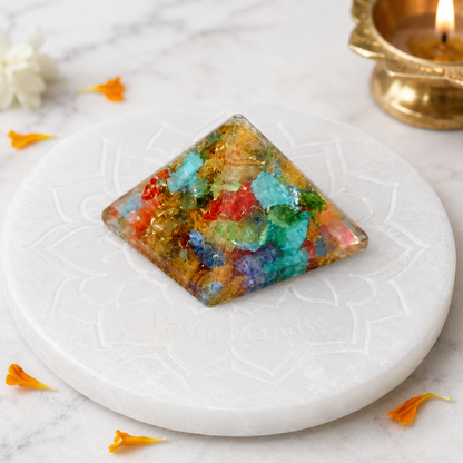 Seven Chakra Orgone Pyramid Multi-Stone Matrix, orgonite – front-left angled view showing two pyramid faces