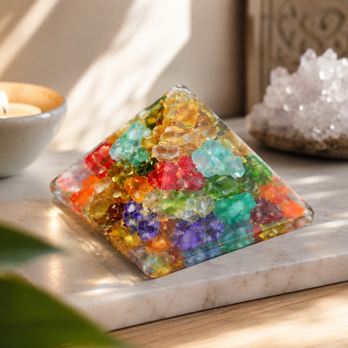 Seven Chakra Orgone Pyramid Multi-Stone Matrix, orgonite – additional angle showing the pyramid proportions