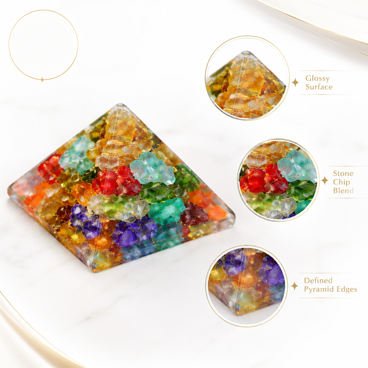 Seven Chakra Orgone Pyramid Multi-Stone Matrix, orgonite – styled product display with the pyramid as the focus