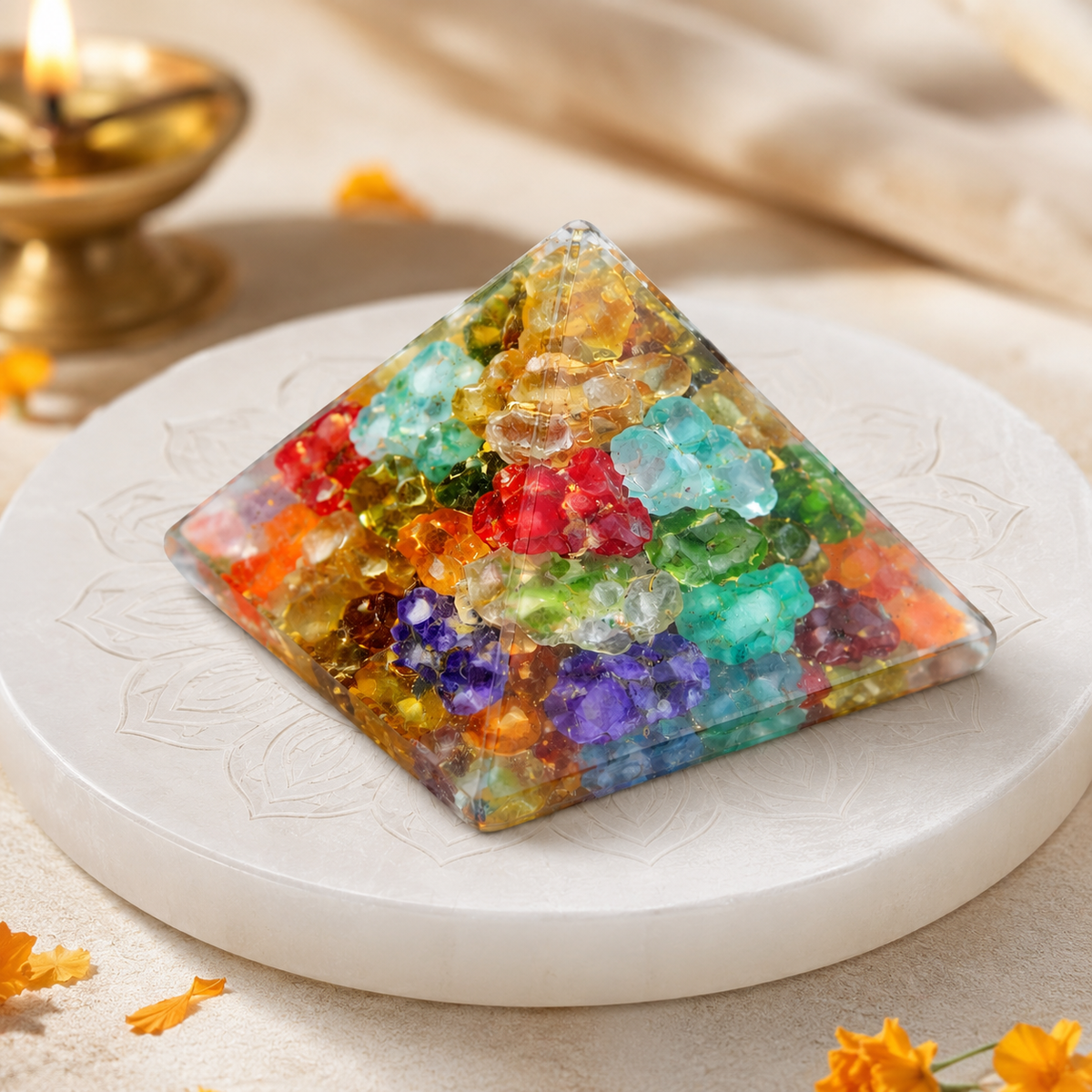 Seven Chakra Orgone Pyramid Multi-Stone Matrix, orgonite – main product view showing the complete pyramid
