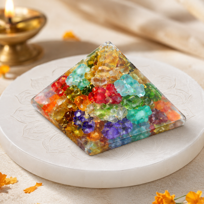 Seven Chakra Orgone Pyramid Multi-Stone Matrix, orgonite – main product view showing the complete pyramid