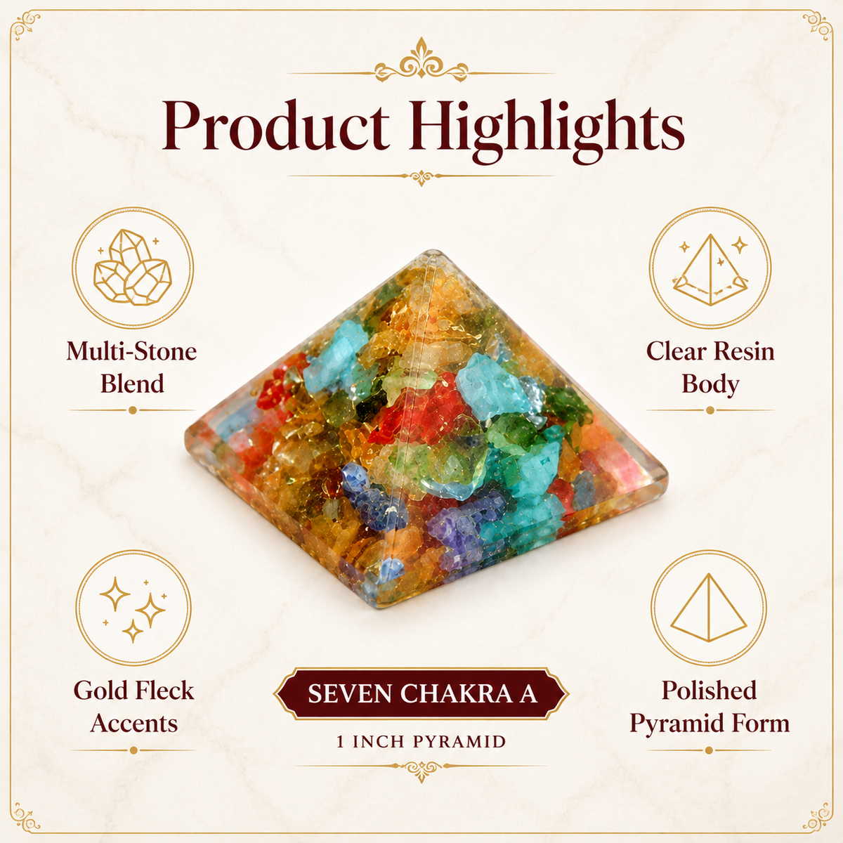 Seven Chakra Orgone Pyramid Multi-Stone Matrix, orgonite – final gallery view of the pyramid design