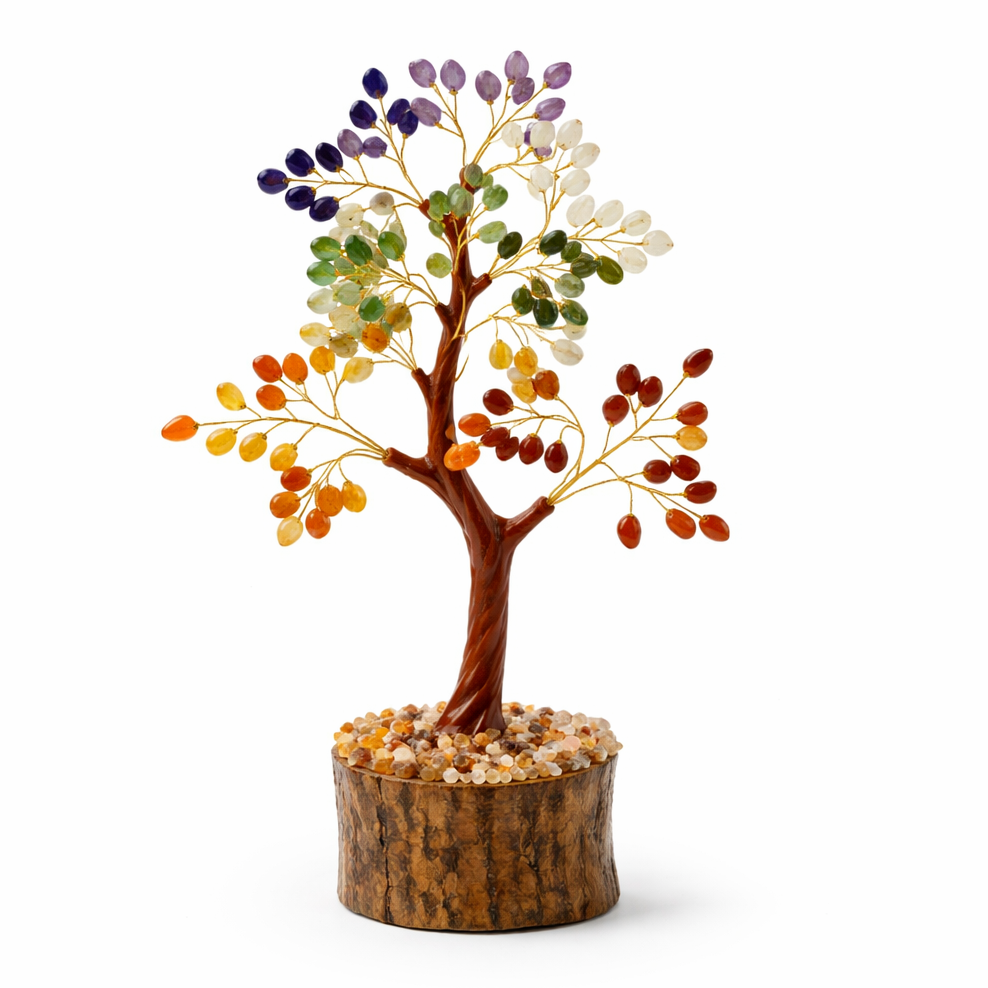Seven-chakra crystal tree on a white background