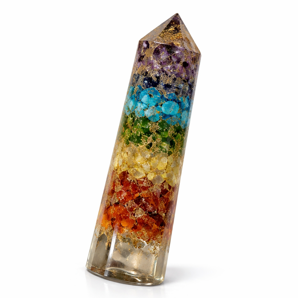 Seven Chakra Vastu Pencil with colored stones on a white background