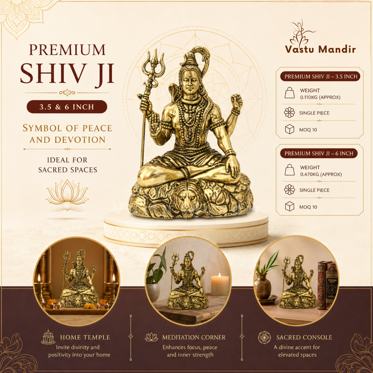 Brass Lord Shiv Ji idol displayed in a home temple setting
