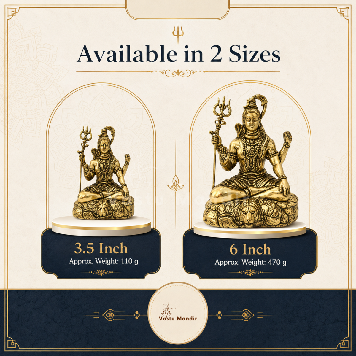 Brass Lord Shiv Ji idol feature infographic highlighting trident, damru and seated posture