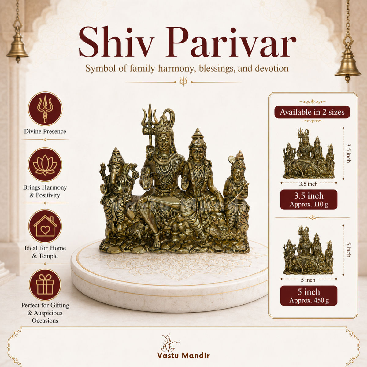 Shiv Parivar brass idol dimension and weight infographic for the larger idol