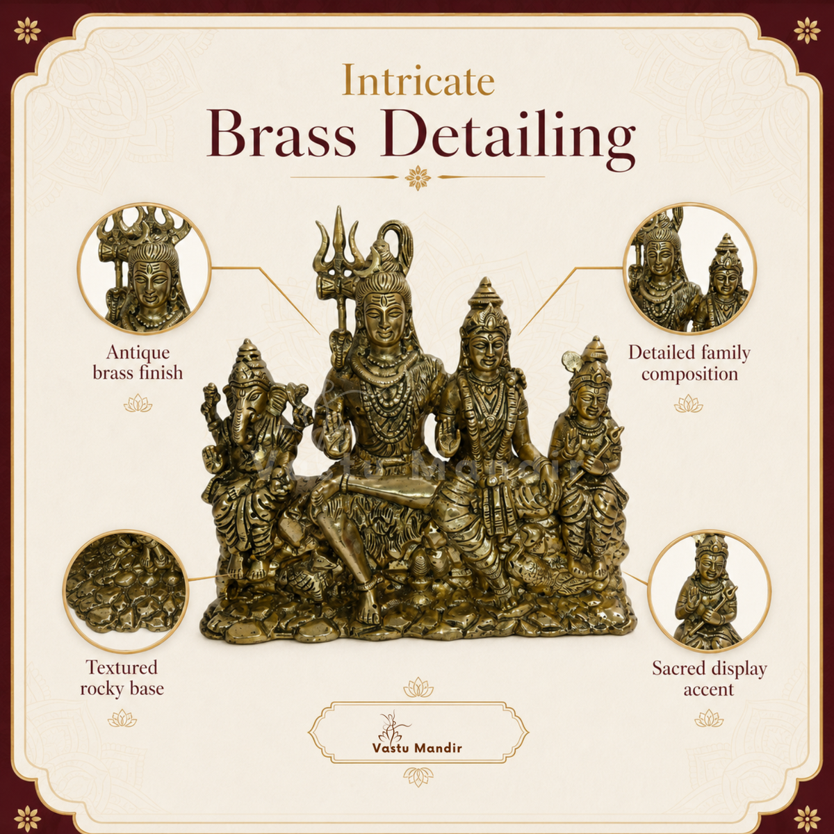 Shiv Parivar brass idol close-up of the family figures and carved base
