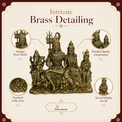 Shiv Parivar brass idol close-up of the family figures and carved base