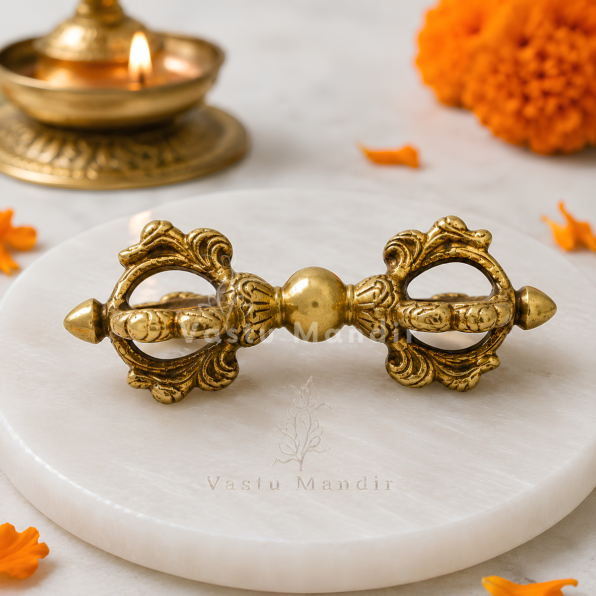 Brass Vajra Dorje Ritual Tool Vastu Remedy for Protection, Meditation Focus and Spiritual Strength for Home Temple and Healing Space | 5.6 x 2 Inch | 270 gm