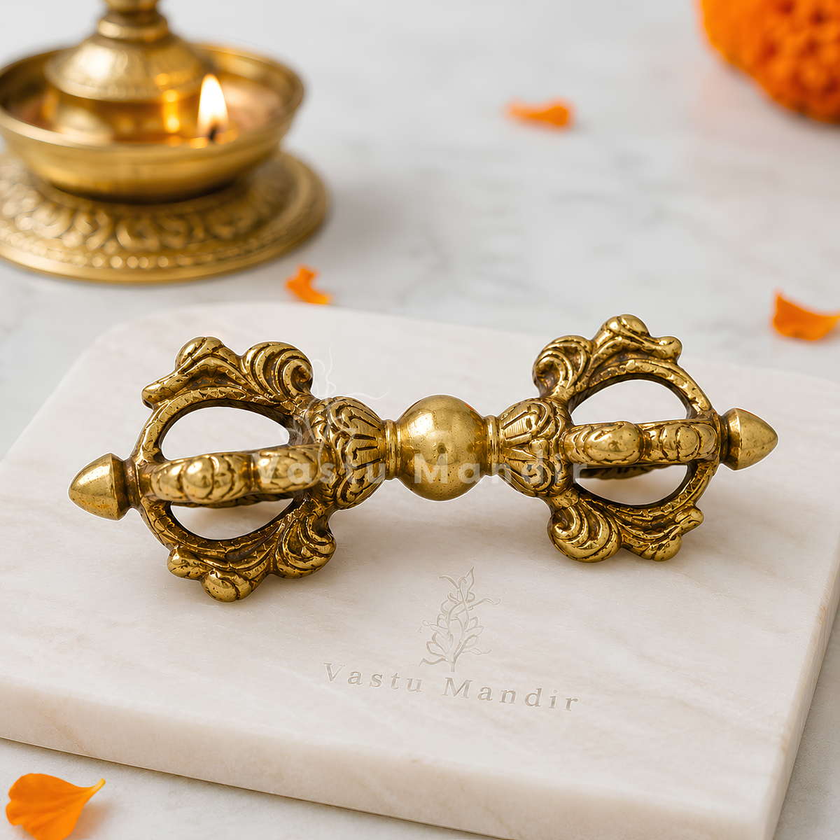 Brass Vajra Dorje Ritual Tool Vastu Remedy for Protection, Meditation Focus and Spiritual Strength for Home Temple and Healing Space | 5.6 x 2 Inch | 270 gm