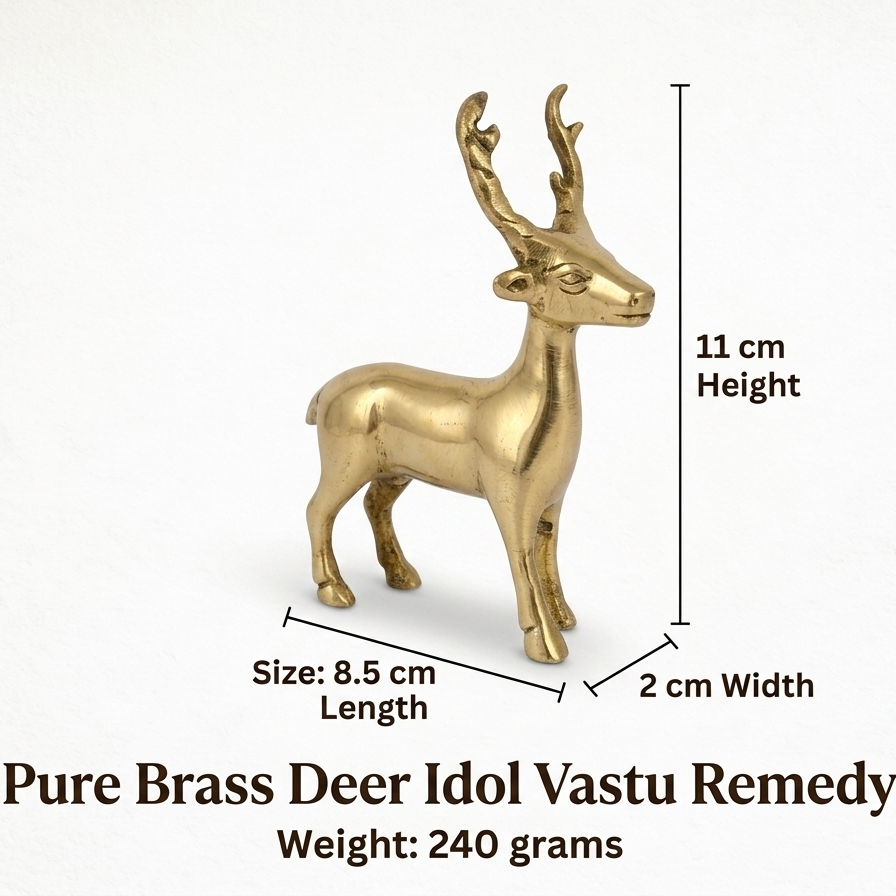 Brass deer-shaped brass idol with measurements on a white background