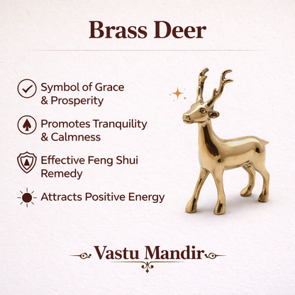 Brass deer figurine with its significance on a white background, branded as Vastu Mandir.