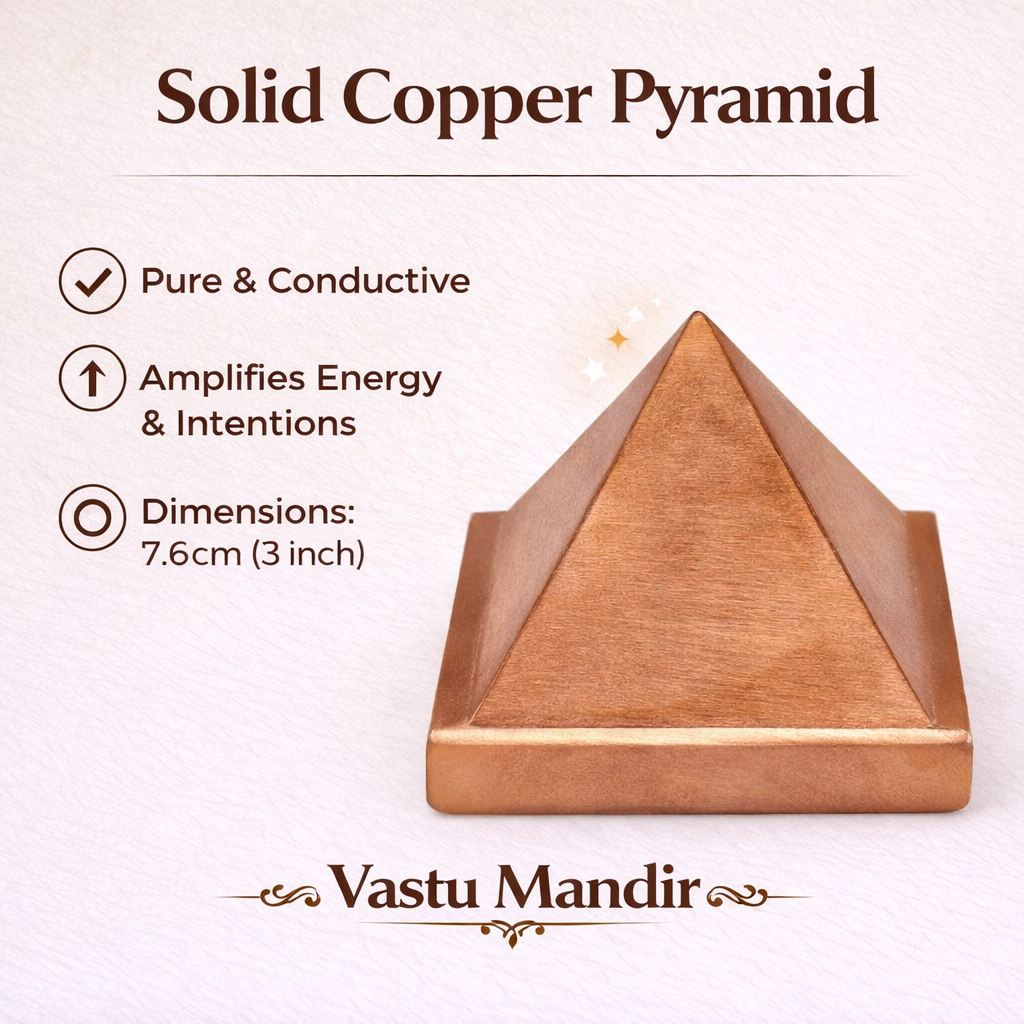 Solid copper pyramid infographic showing 7.6 cm size and product features