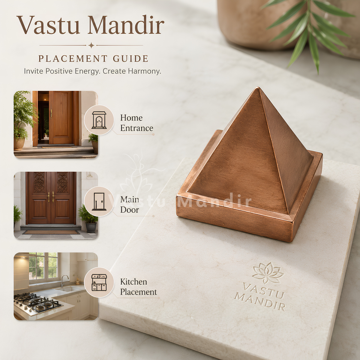 Solid Copper Pyramid Vastu Remedy for Health, Wealth and Positive Energy Balance for Home Entrance, Main Door and Kitchen Placement | 7.6 cm | 850 g