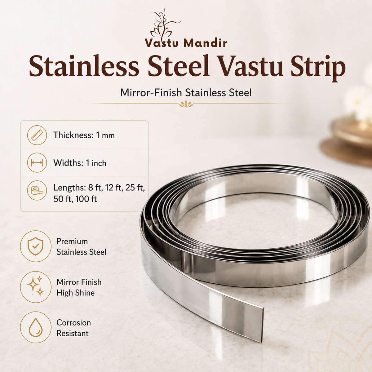 Stainless steel Vastu strip infographic showing mirror finish, 1 mm thickness and lengths