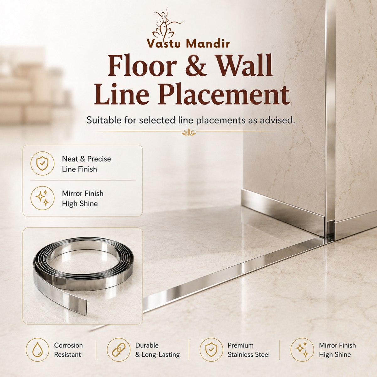 Stainless steel Vastu strip shown along floor and wall lines in a modern interior