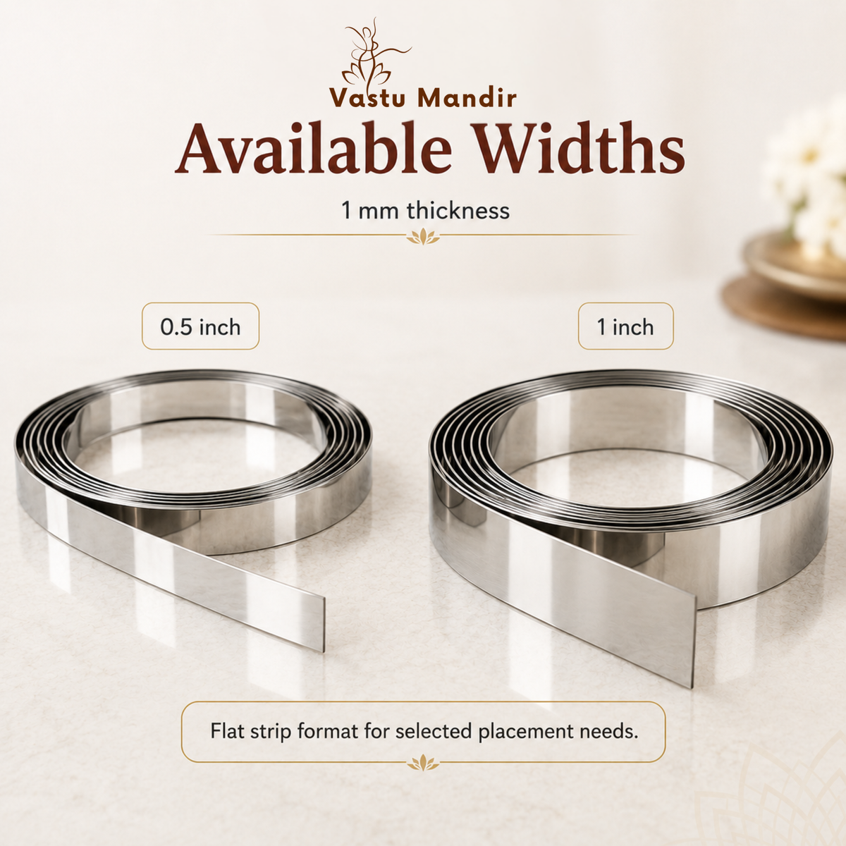 Stainless steel Vastu strip width guide comparing 0.5 inch and 1 inch coils