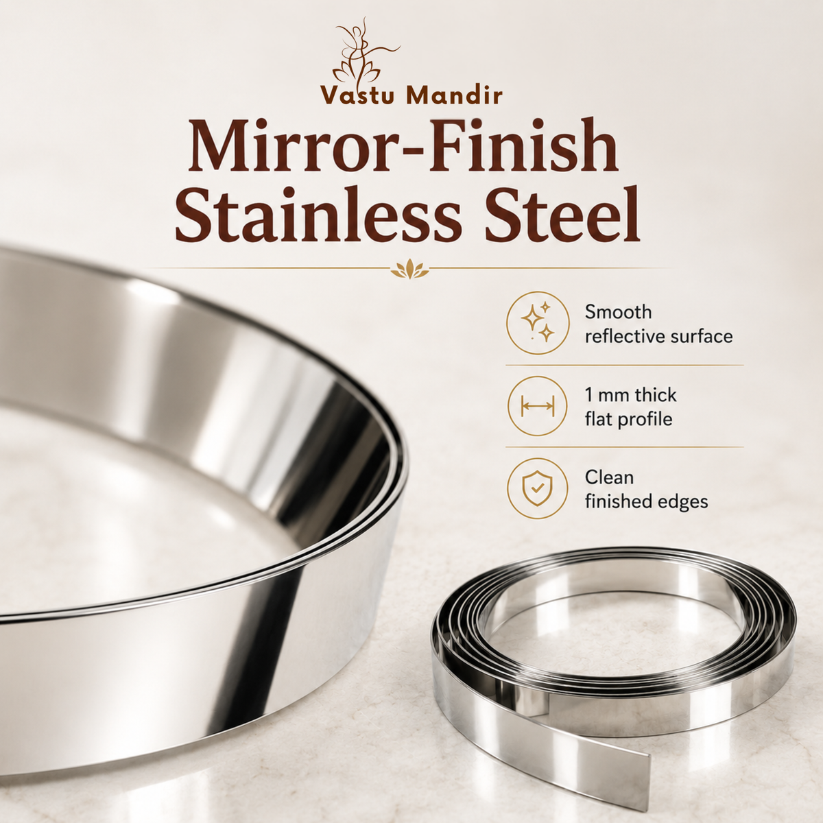 Mirror-finish stainless steel Vastu strip showing reflective surface and flat profile