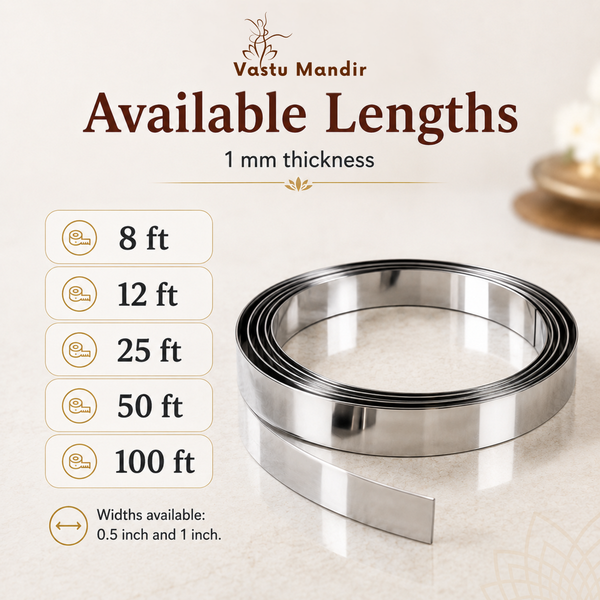 Stainless steel Vastu strip length guide listing options from 8 feet to 100 feet