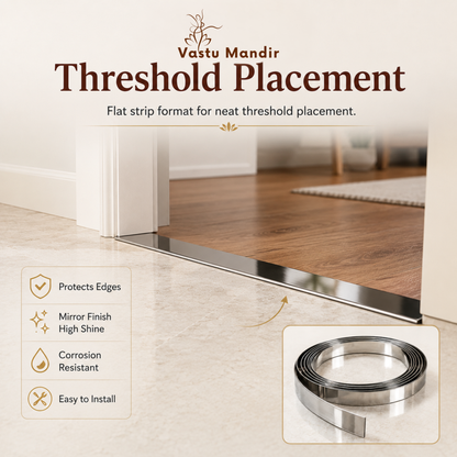 Stainless steel Vastu strip threshold placement shown across a doorway